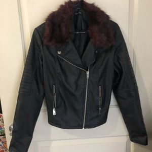 Women’s Faux Leather Moto Jacket With Fur Trim